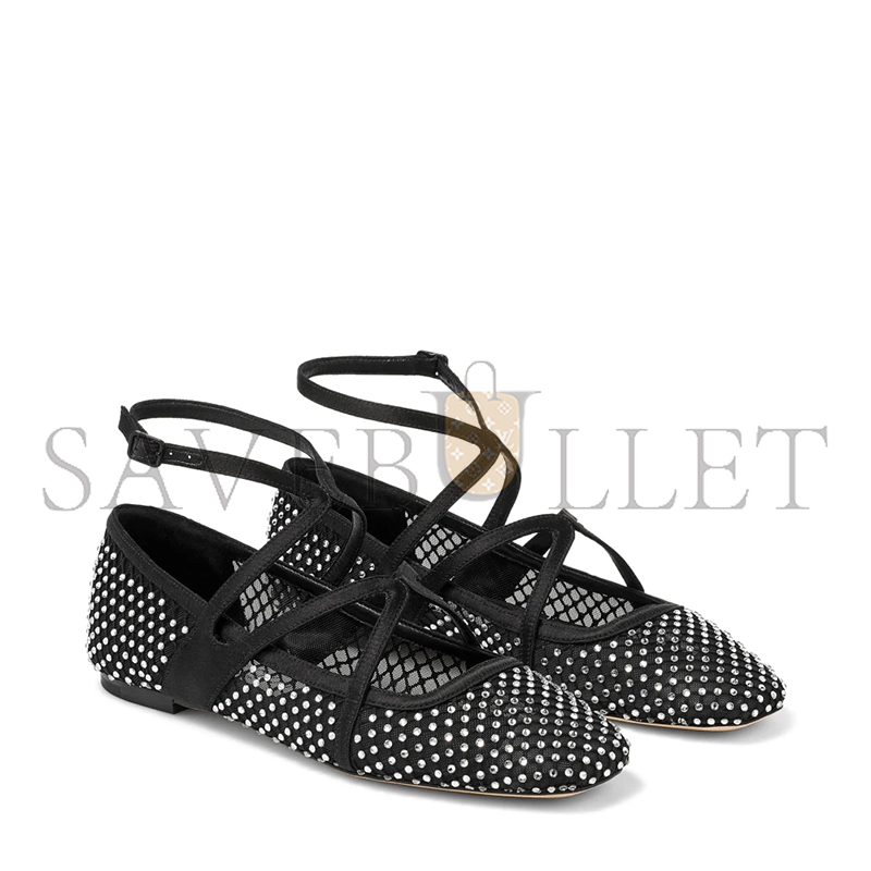 JIMMY CHOO ASTORIA FLAT BLACK SATIN CRYSTAL FLATS ASTORIAFLATQHS